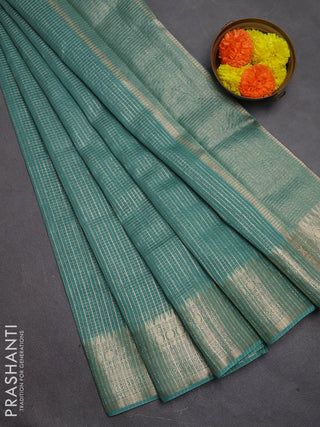 Banarasi silk cotton saree teal green shade with allover small zari checked pattern and zari woven border