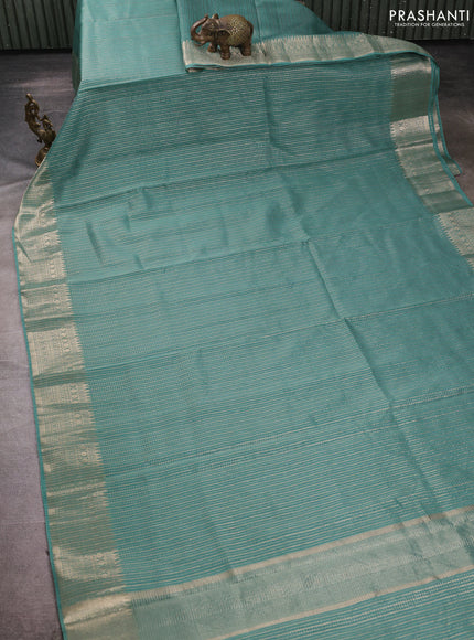 Banarasi silk cotton saree teal green shade with allover small zari checked pattern and zari woven border