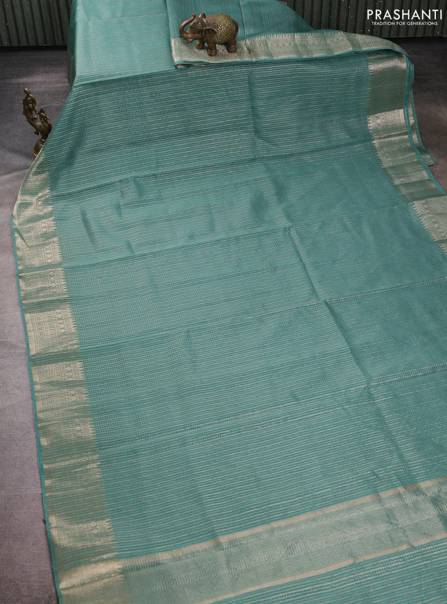 Banarasi silk cotton saree teal green shade with allover small zari checked pattern and zari woven border
