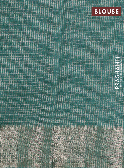 Banarasi silk cotton saree teal green shade with allover small zari checked pattern and zari woven border