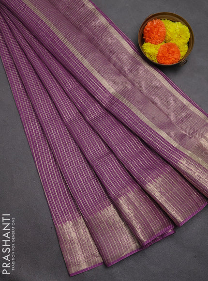 Banarasi silk cotton saree purple with allover small zari checked pattern and zari woven border