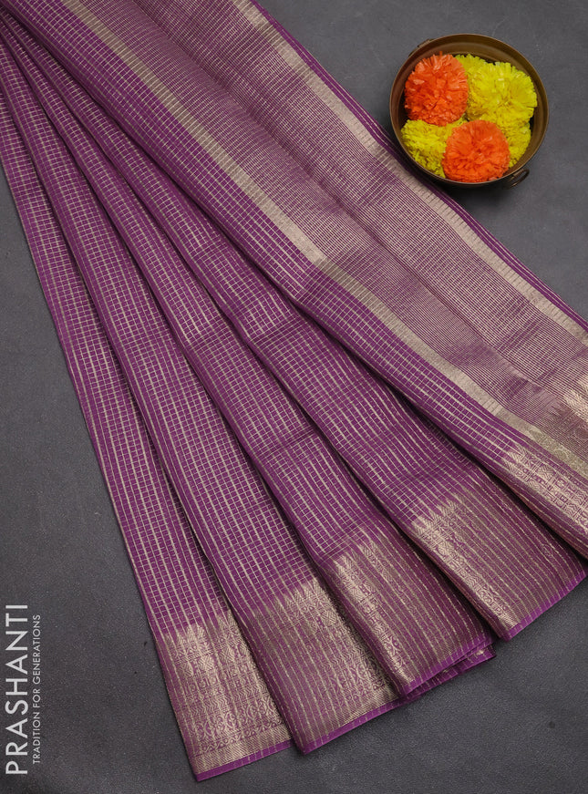 Banarasi silk cotton saree purple with allover small zari checked pattern and zari woven border