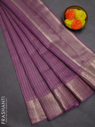 Banarasi silk cotton saree purple with allover small zari checked pattern and zari woven border