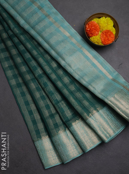 Banarasi silk cotton saree bottle green and pastel green with allover zari checked pattern and zari woven border