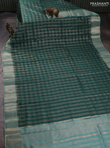Banarasi silk cotton saree bottle green and pastel green with allover zari checked pattern and zari woven border