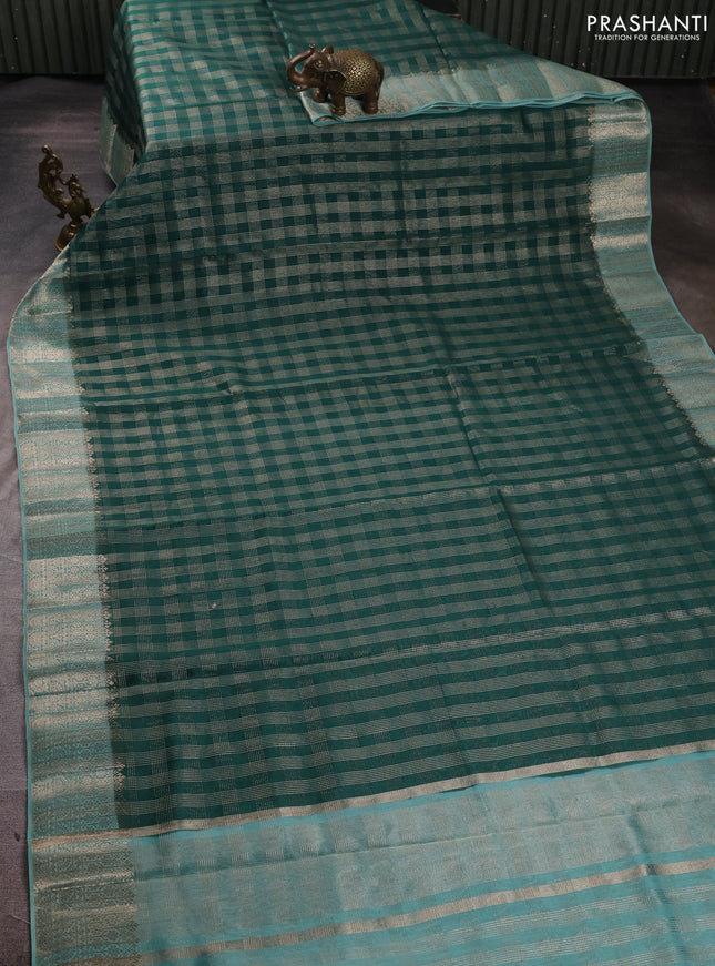 Banarasi silk cotton saree bottle green and pastel green with allover zari checked pattern and zari woven border