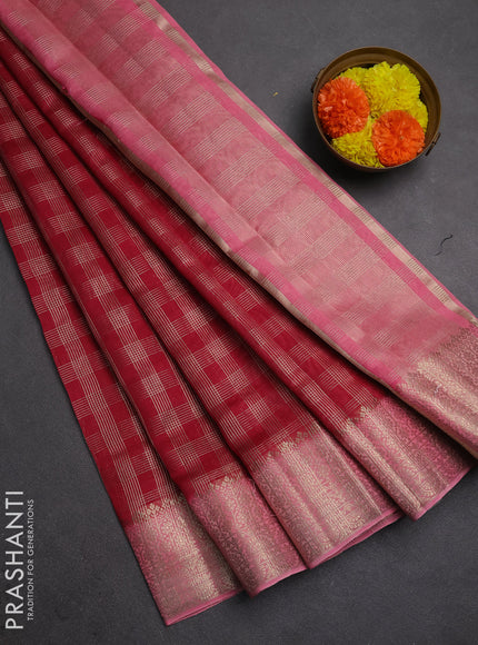 Banarasi silk cotton saree pink and peach pink with allover zari checked pattern and zari woven border
