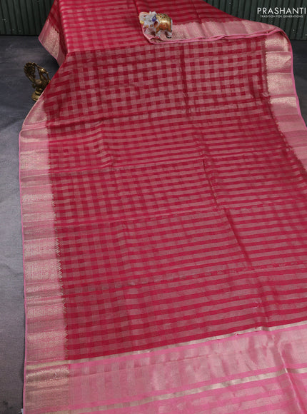 Banarasi silk cotton saree pink and peach pink with allover zari checked pattern and zari woven border