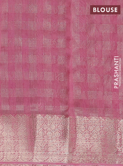 Banarasi silk cotton saree pink and peach pink with allover zari checked pattern and zari woven border