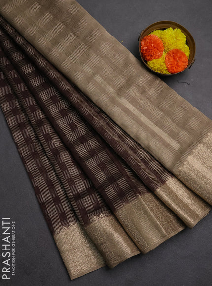 Banarasi silk cotton saree coffee brown and beige with allover zari checked pattern and zari woven border