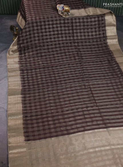 Banarasi silk cotton saree coffee brown and beige with allover zari checked pattern and zari woven border