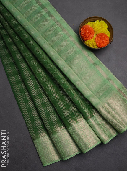 Banarasi silk cotton saree green and pista green with allover zari checked pattern and zari woven border