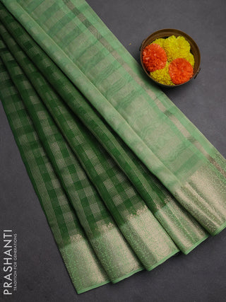 Banarasi silk cotton saree green and pista green with allover zari checked pattern and zari woven border