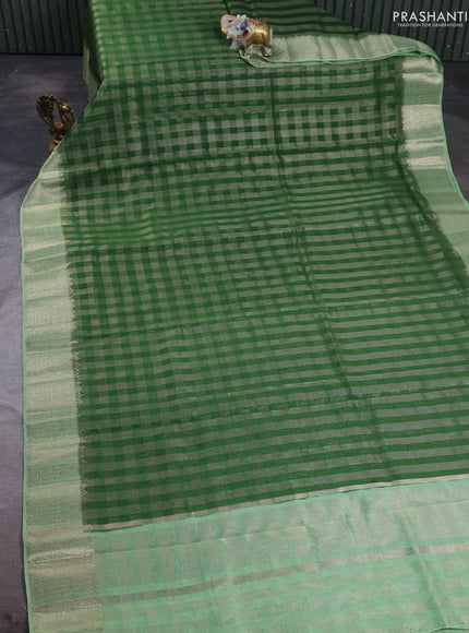 Banarasi silk cotton saree green and pista green with allover zari checked pattern and zari woven border