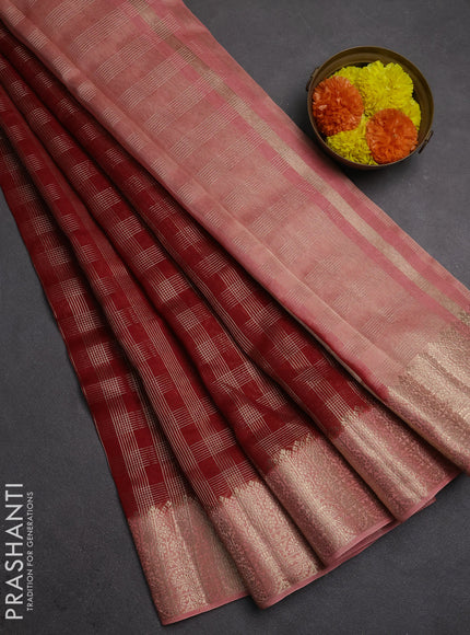 Banarasi silk cotton saree maroon and peach shade with allover zari checked pattern and zari woven border