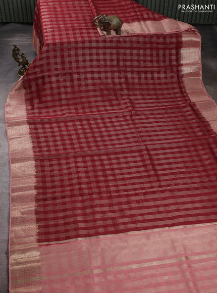 Banarasi silk cotton saree maroon and peach shade with allover zari checked pattern and zari woven border