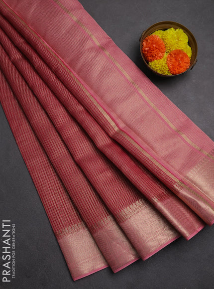Banarasi silk cotton saree pink and peach pink with allover small zari checked pattern and zari woven border