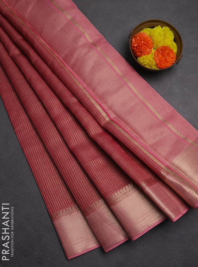 Banarasi silk cotton saree pink and peach pink with allover small zari checked pattern and zari woven border