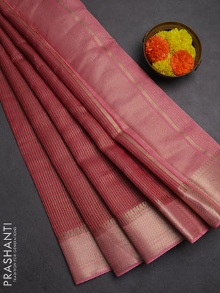 Banarasi silk cotton saree pink and peach pink with allover small zari checked pattern and zari woven border