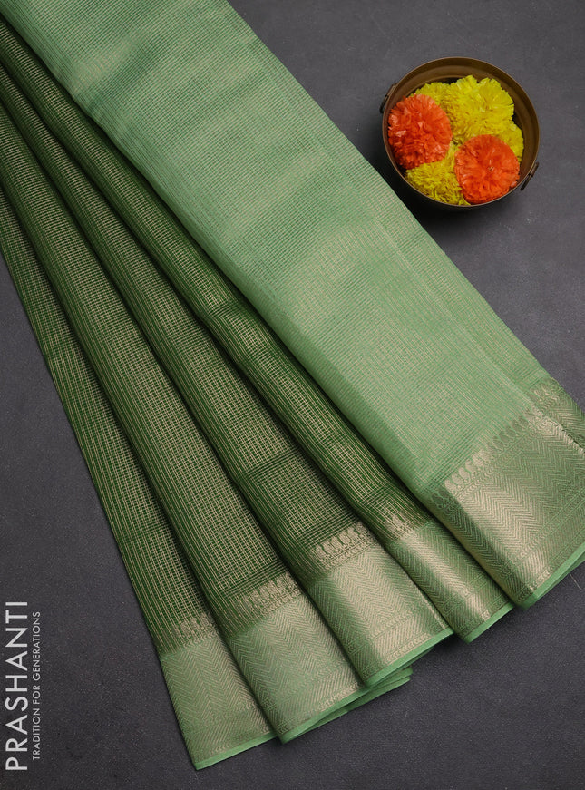Banarasi silk cotton saree green and pista green with allover small zari checked pattern and zari woven border