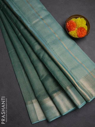 Banarasi silk cotton saree green and blue with allover small zari checked pattern and zari woven border