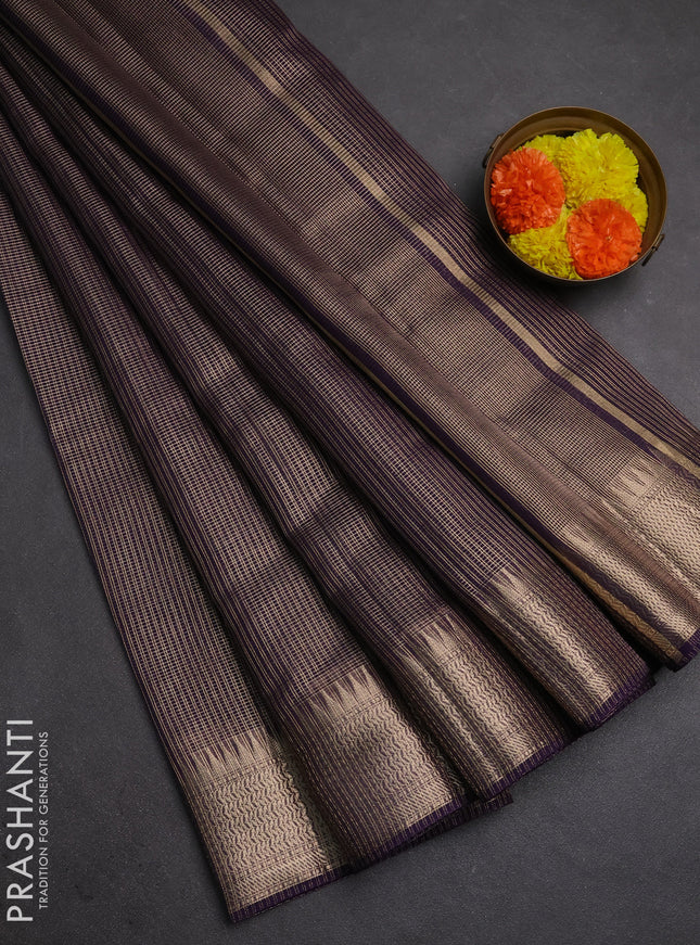 Banarasi silk cotton saree violet with allover small zari checked pattern and zari woven border