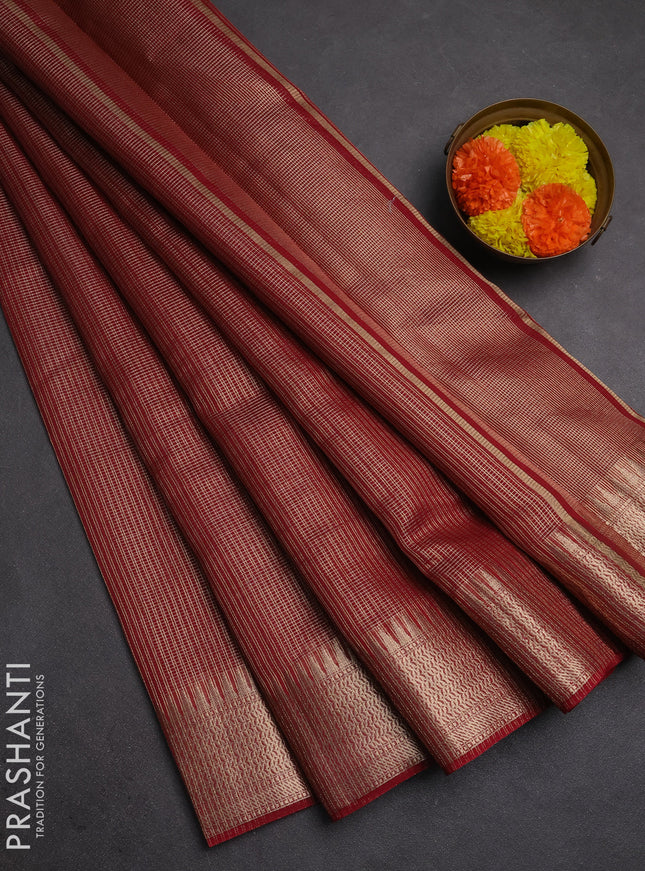 Banarasi silk cotton saree maroon with allover small zari checked pattern and zari woven border