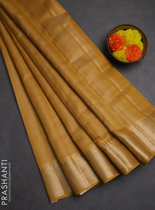 Banarasi silk cotton saree mustard yellow with allover small zari checked pattern and zari woven border