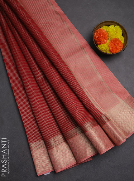 Banarasi silk cotton saree maroon and peach shade with allover small zari checked pattern and zari woven border