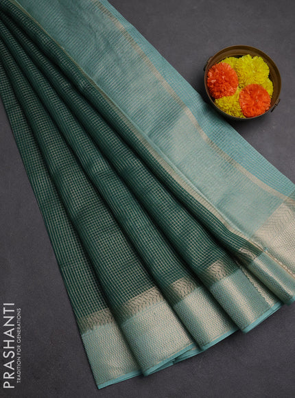 Banarasi silk cotton saree green and blue with allover small zari checked pattern and zari woven border