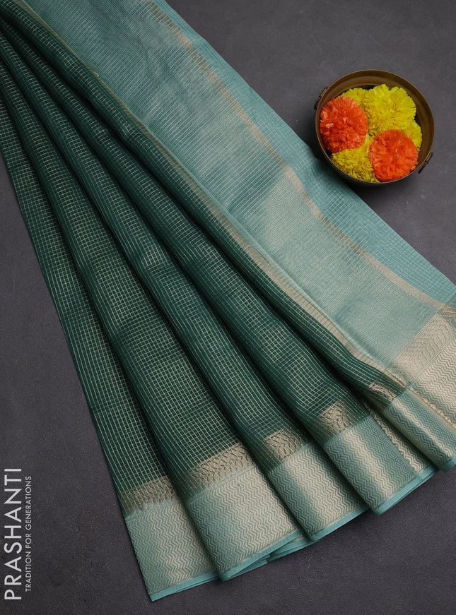 Banarasi silk cotton saree green and blue with allover small zari checked pattern and zari woven border