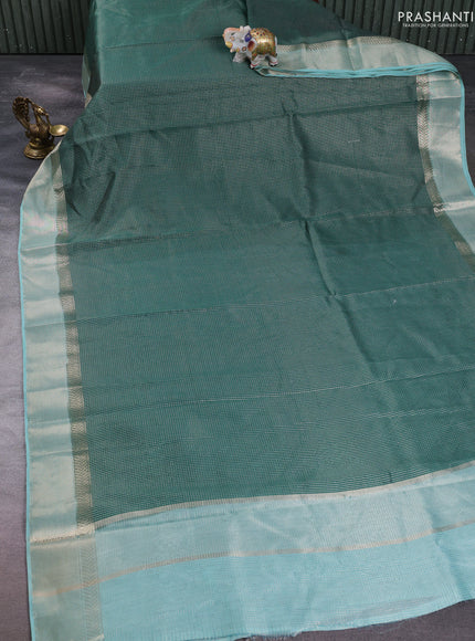 Banarasi silk cotton saree green and blue with allover small zari checked pattern and zari woven border