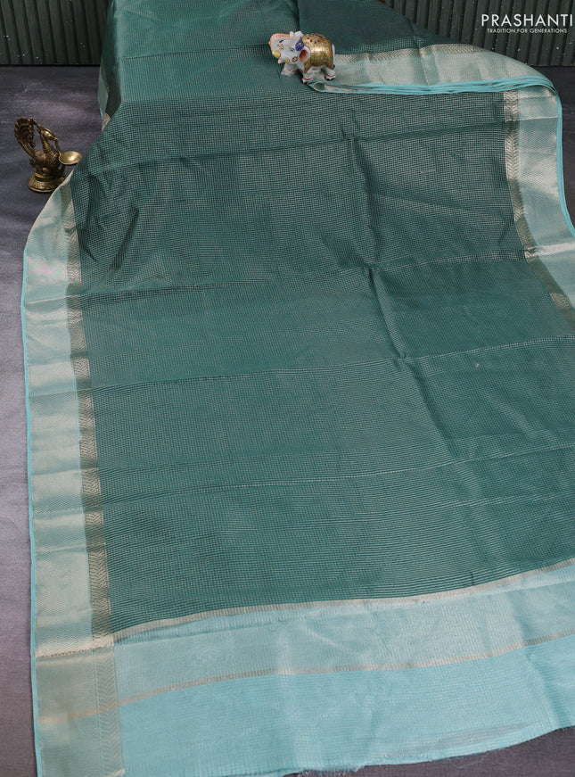 Banarasi silk cotton saree green and blue with allover small zari checked pattern and zari woven border