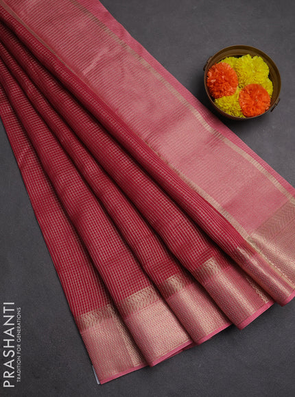 Banarasi silk cotton saree pink and peach pink with allover small zari checked pattern and zari woven border