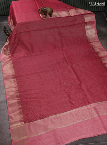 Banarasi silk cotton saree pink and peach pink with allover small zari checked pattern and zari woven border