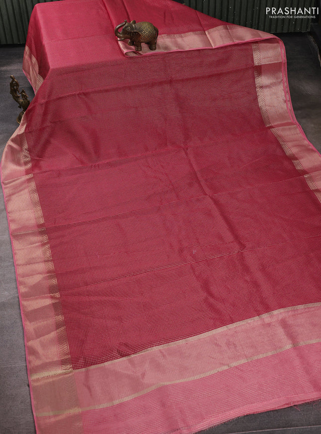 Banarasi silk cotton saree pink and peach pink with allover small zari checked pattern and zari woven border