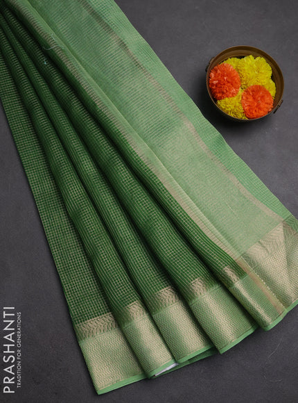 Banarasi silk cotton saree light green and pista green with allover small zari checked pattern and zari woven border