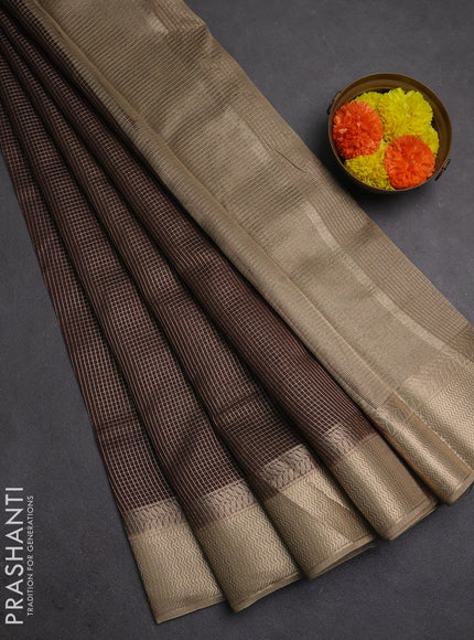 Banarasi silk cotton saree coffee brown and beige with allover small zari checked pattern and zari woven border