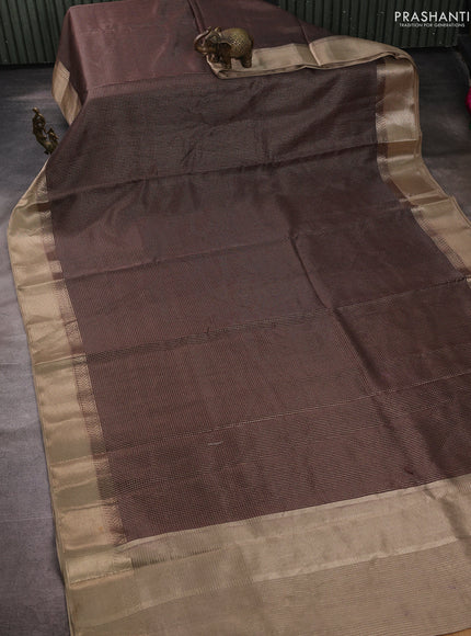 Banarasi silk cotton saree coffee brown and beige with allover small zari checked pattern and zari woven border