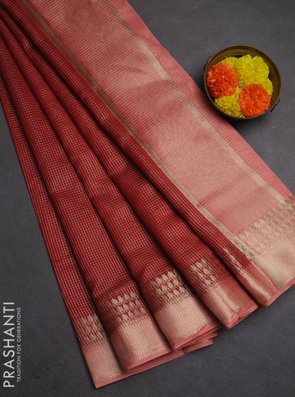 Banarasi silk cotton saree maroon and peach shade with allover small zari checked pattern and zari woven border