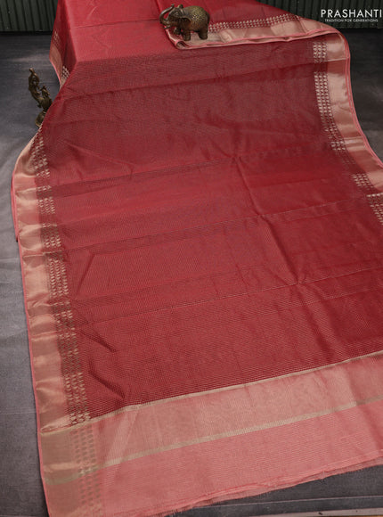 Banarasi silk cotton saree maroon and peach shade with allover small zari checked pattern and zari woven border