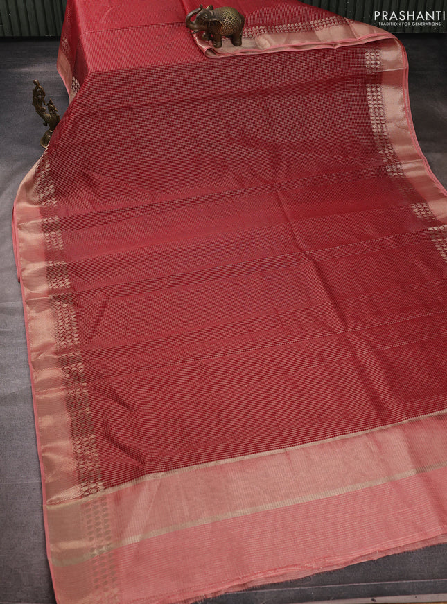 Banarasi silk cotton saree maroon and peach shade with allover small zari checked pattern and zari woven border