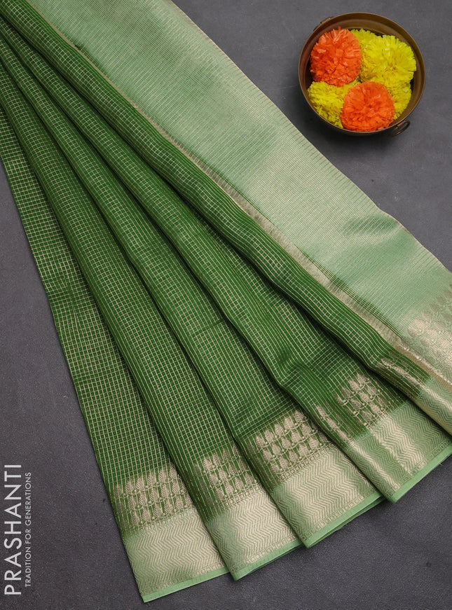 Banarasi silk cotton saree light green and pista green with allover small zari checked pattern and zari woven border