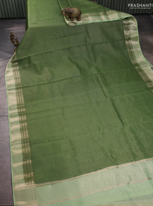 Banarasi silk cotton saree light green and pista green with allover small zari checked pattern and zari woven border
