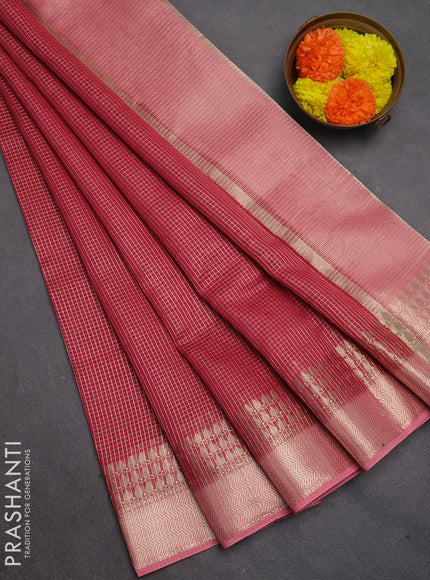 Banarasi silk cotton saree pink and peach pink with allover small zari checked pattern and zari woven border