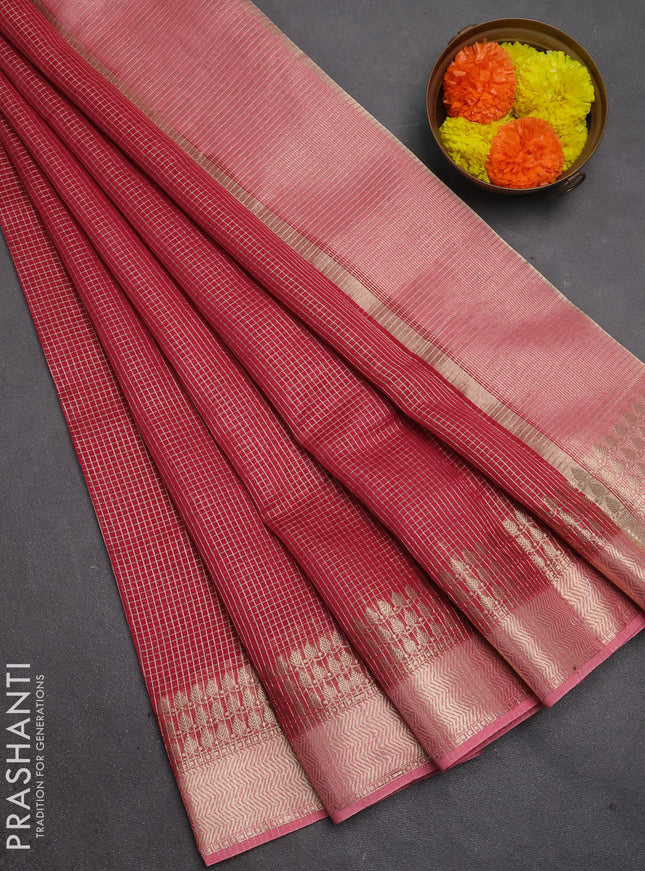 Banarasi silk cotton saree pink and peach pink with allover small zari checked pattern and zari woven border