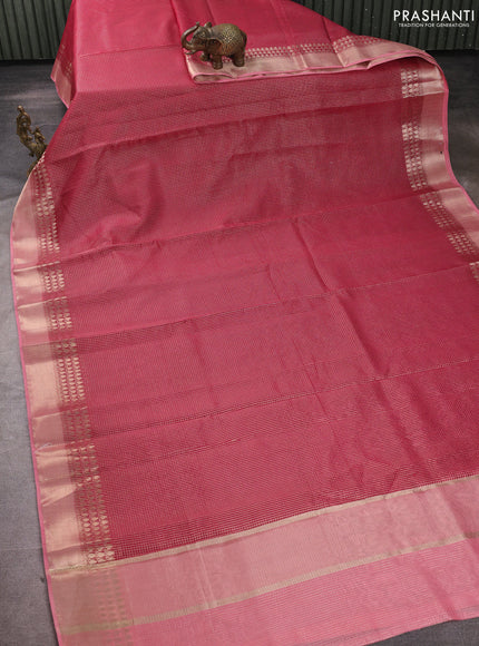 Banarasi silk cotton saree pink and peach pink with allover small zari checked pattern and zari woven border