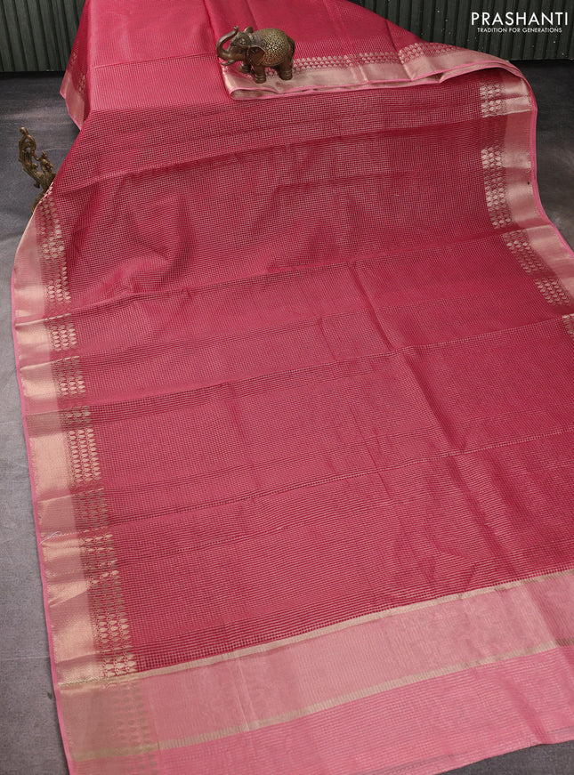 Banarasi silk cotton saree pink and peach pink with allover small zari checked pattern and zari woven border