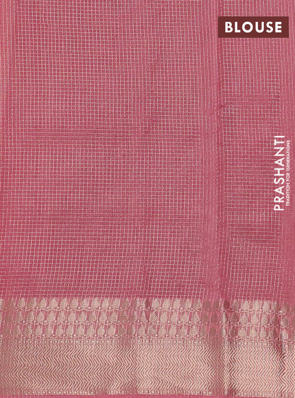 Banarasi silk cotton saree pink and peach pink with allover small zari checked pattern and zari woven border