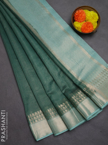 Banarasi silk cotton saree green and pastel green with allover small zari checked pattern and zari woven border